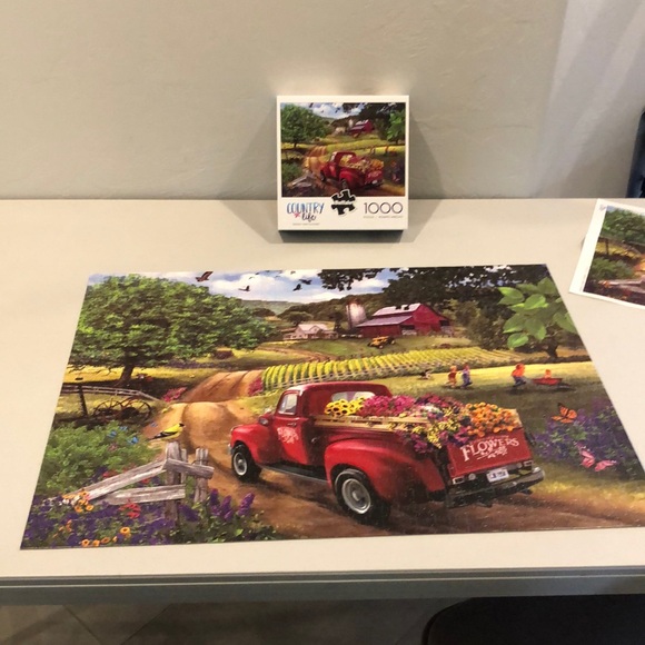 1000 pc Buffalo Puzzle "Friendly Farm Flowers" Red Truck Country Farm Meadow - Picture 2 of 4